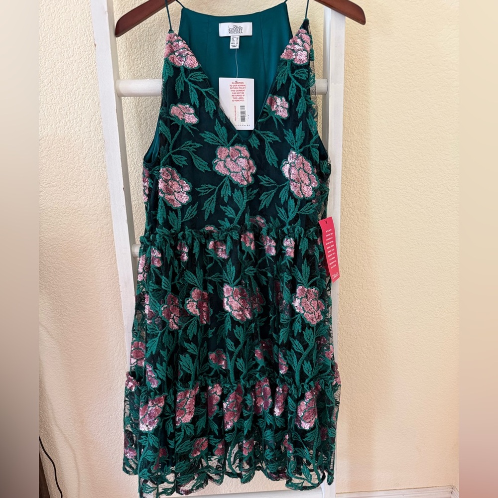 Badgley Mischka Green Floral Embroidered Midi Dress with Pink Accents